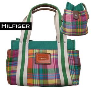 Tommy Hilfiger Cotton & Canvas Tote Bag Small Bold Plaid Green Striped Preppy